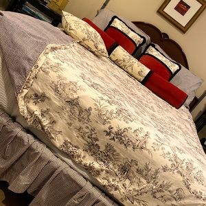 Classic Toile Duvet ,4 pillow shams, 5 pillows,  skirt,3 Valences. Queen or Full